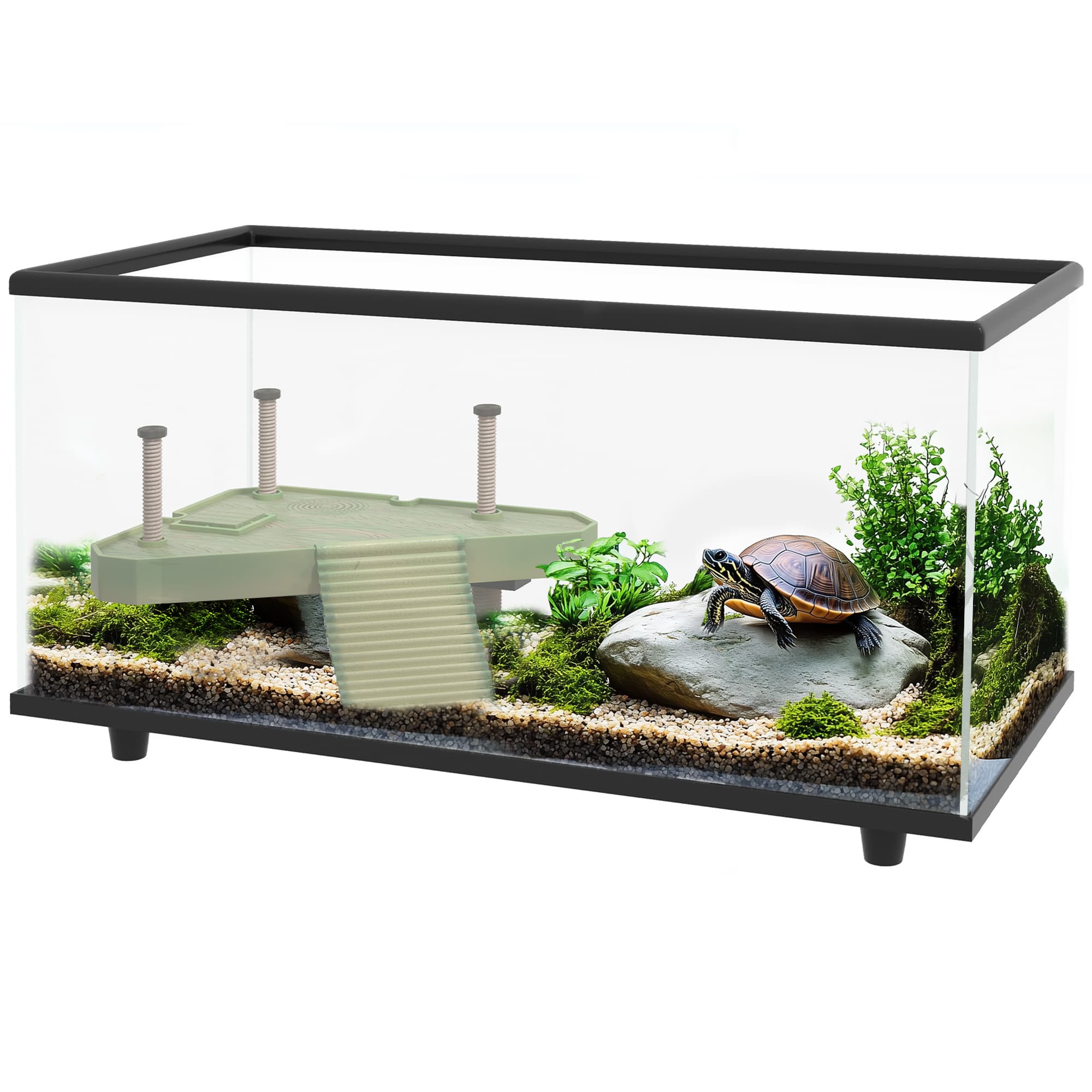 50L Glass Turtle Tank Aquarium With Basking Platform,Easy Drainage,Strip Patch Thermometer
