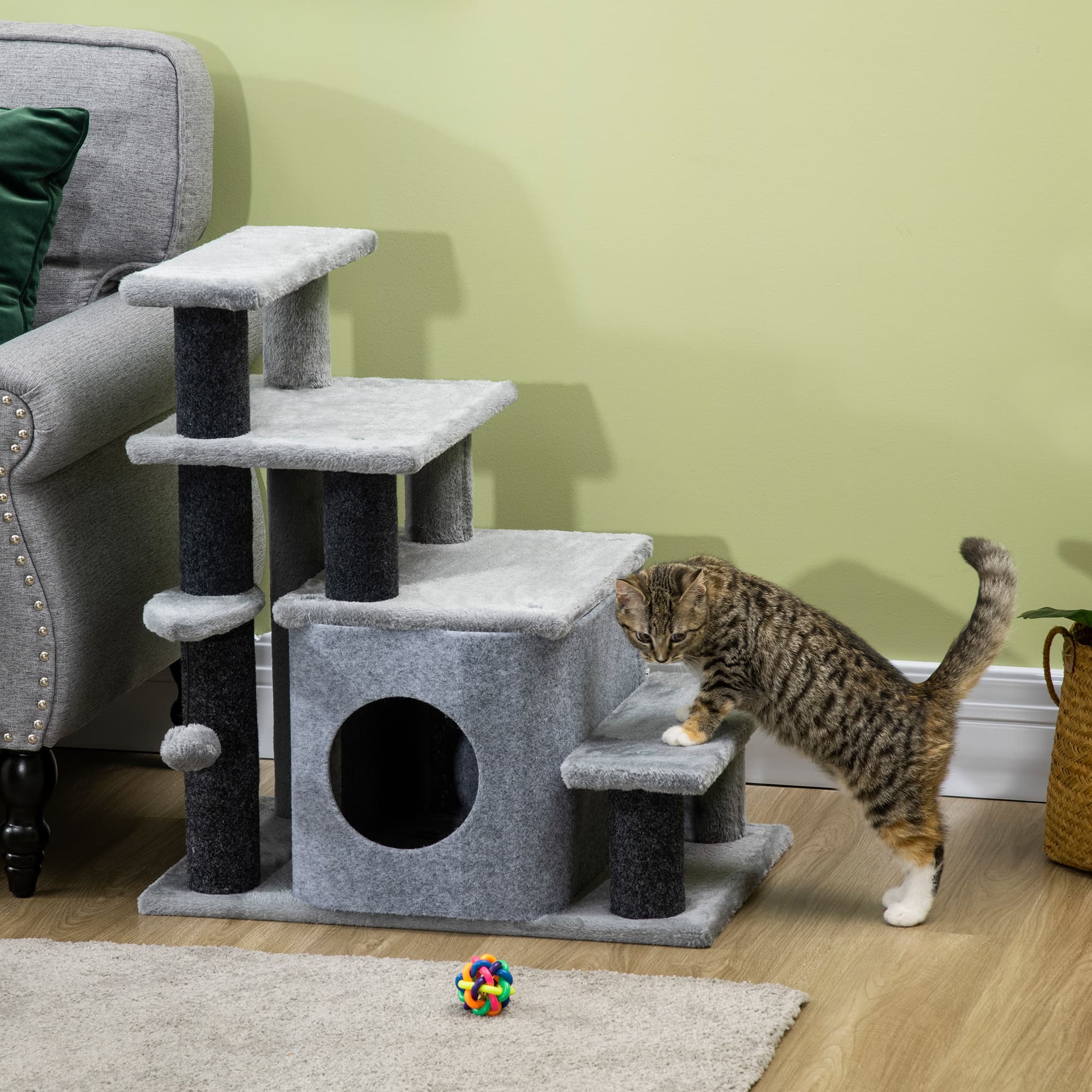 Adjustable Cat Steps,with House & Hanging Toy Ball-Grey