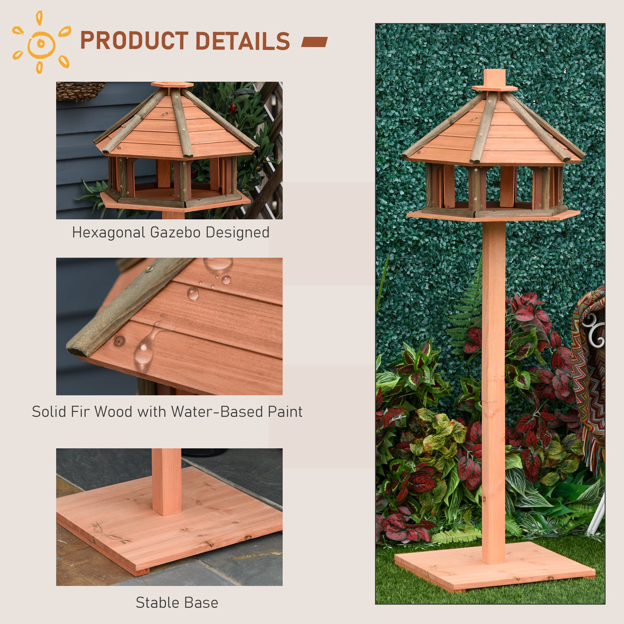 130cm Wooden Bird Table,Feeding Station With Roof For Outdoor,Brown