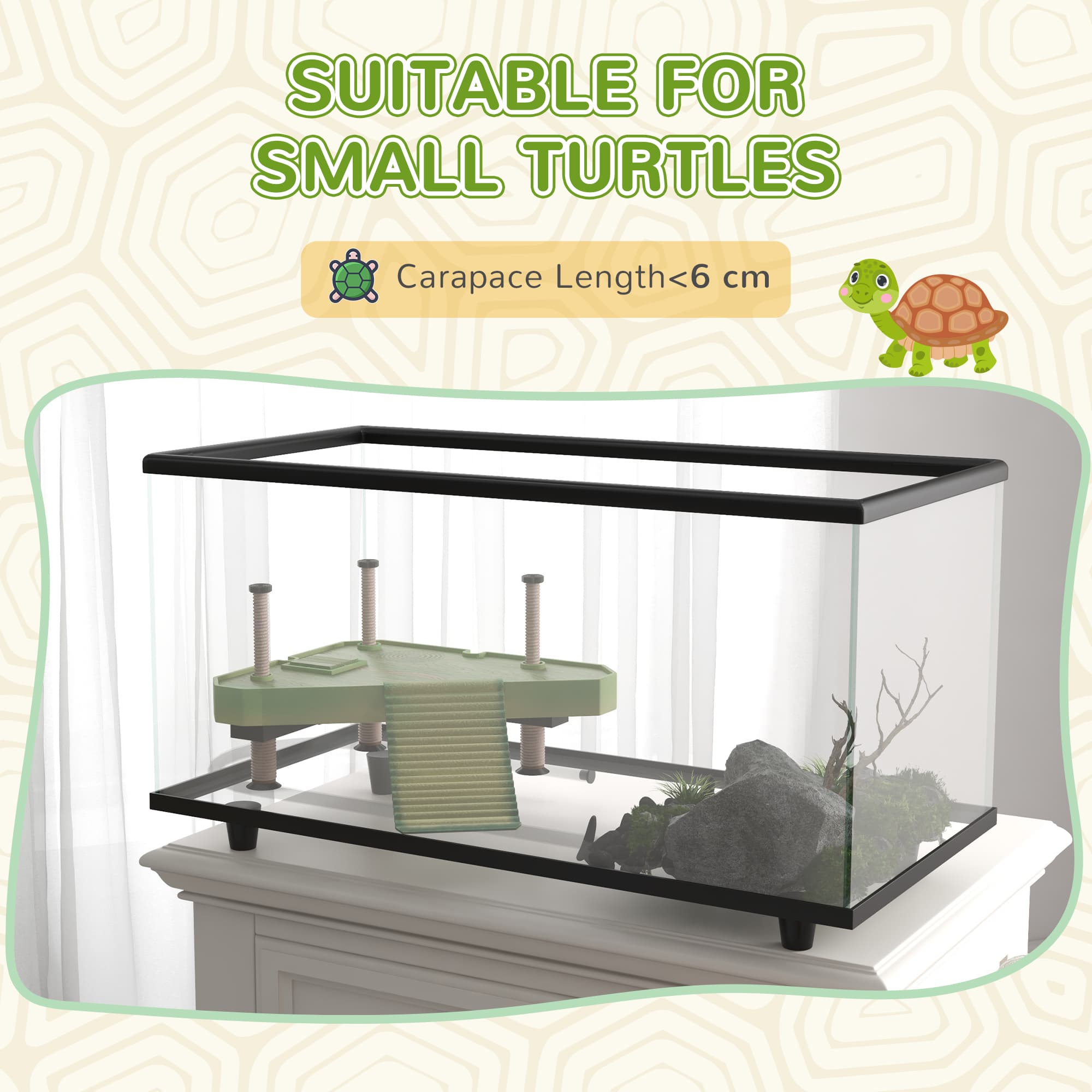 50L Glass Turtle Tank Aquarium With Basking Platform,Easy Drainage,Strip Patch Thermometer