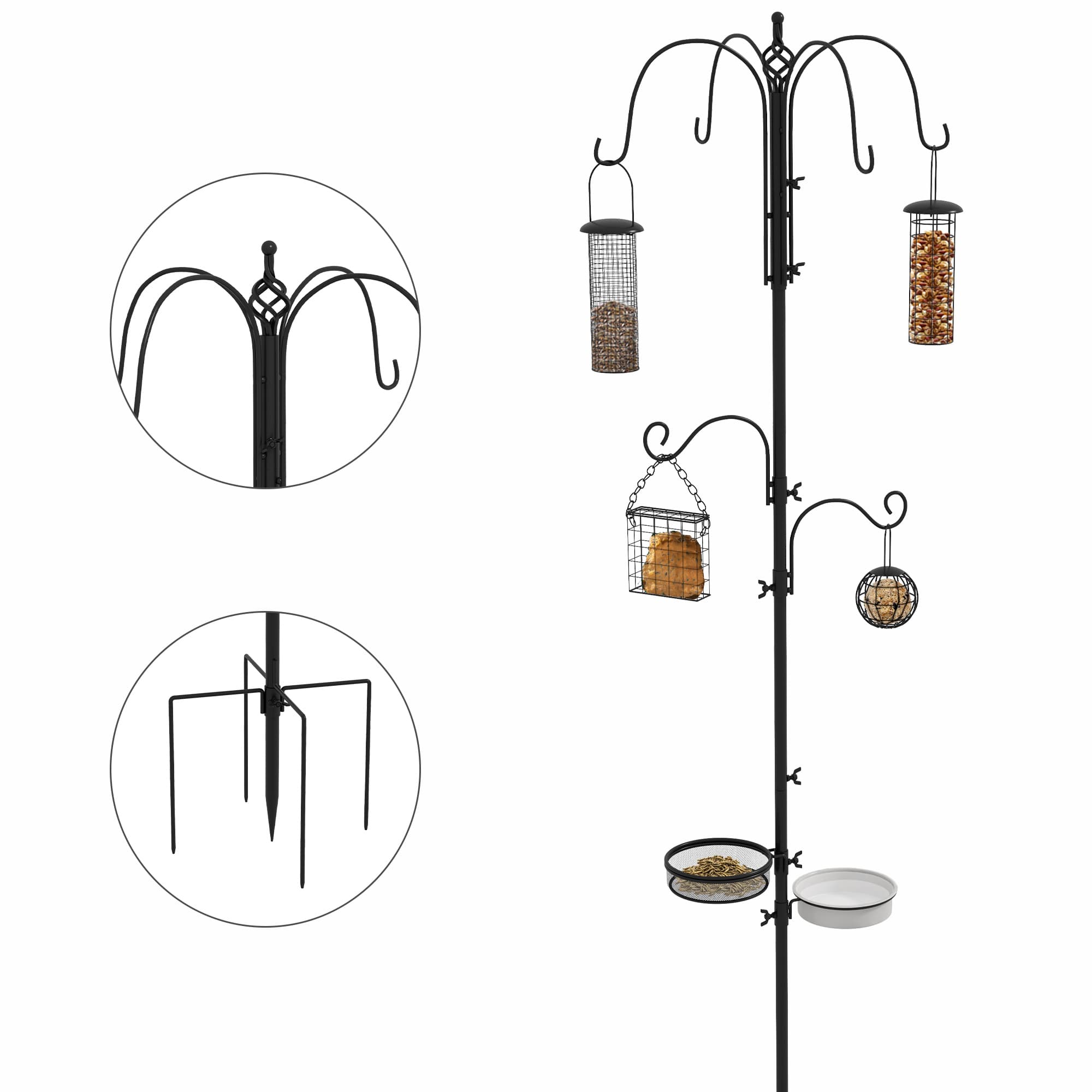 Bird Feeding Station Kit,Wild Bird Feeder Pole With 6 Hooks,4 Hanging Feeders For Peanuts,Seed,Fat Balls,for Garden,Outdoor,Black