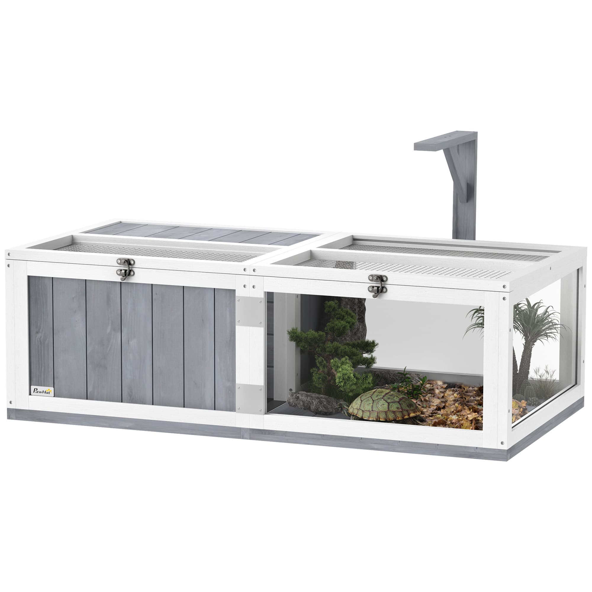 Wooden Tortoise House With Lamp Holder,Clear Windows,Openable Tops,Built-In Tray,Light Grey