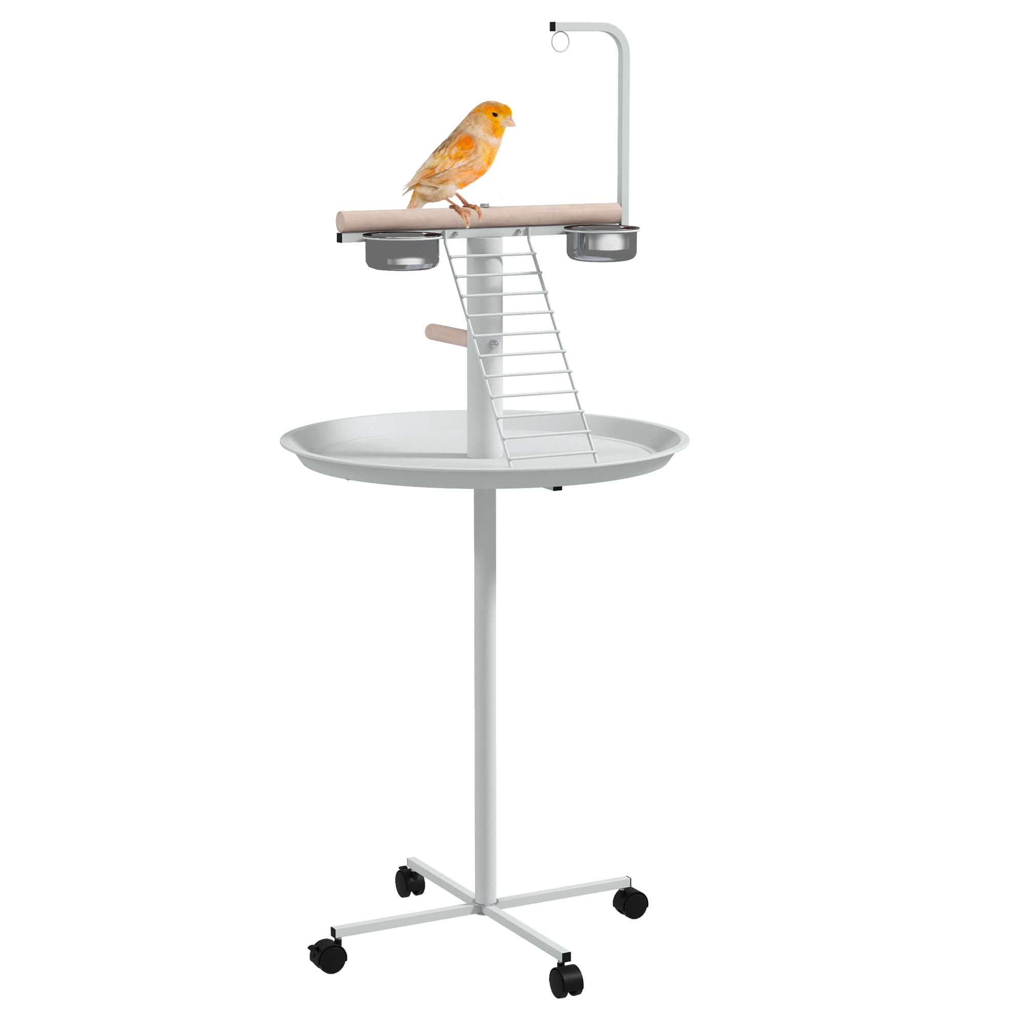 Bird Stand With Four Wheels,Perches,Stainless Steel Feed Bowls,Round Tray,for Garden,Indoor,Outdoor-White