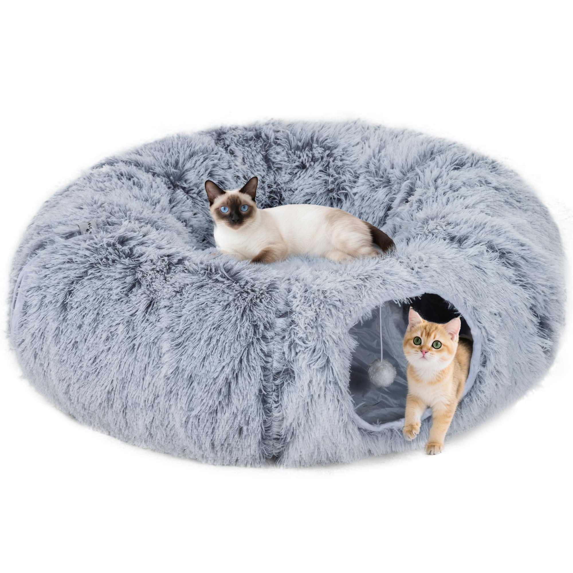 2-in-1 Donut Cat Tunnel With Washable Bed,Play Tunnel Bed With Toy Ball And Door Hole For Indoor Cats,Light Grey