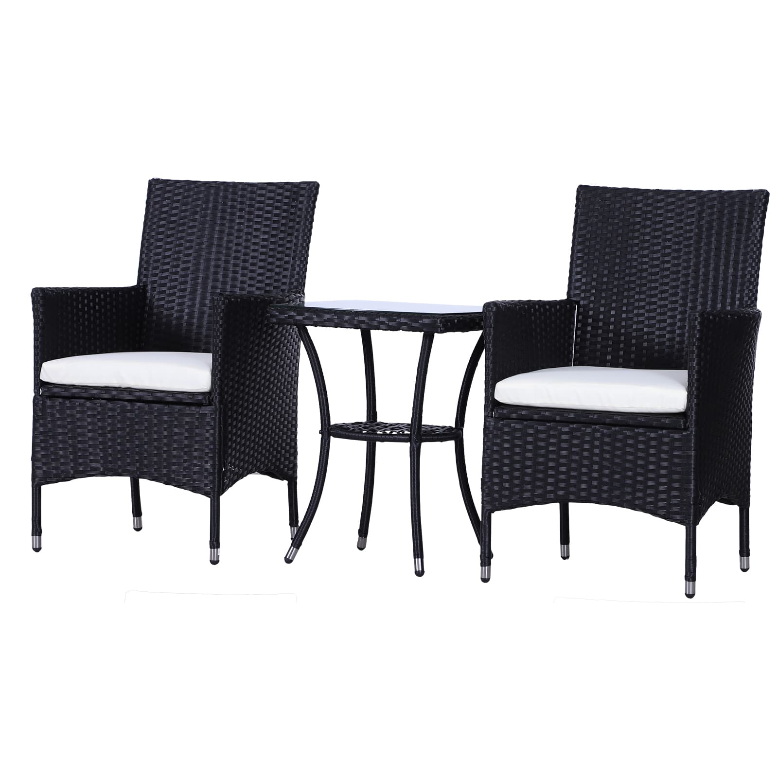 Three Piece Rattan Dining Table And Chair Set, Willow Garden Furniture Set, Including Double-layer Coffee Table, Chair, And Cushion, Suitable For Outdoor Terrace Balconies, Black