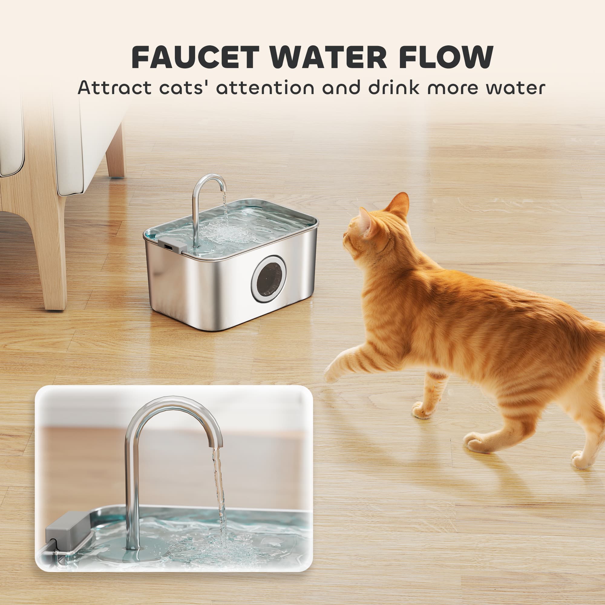 3.2L Cat Water Fountain For Drinking,Cat Fountain Stainless Steel With Visible Water-Level Window,Ultra-Silent Pump