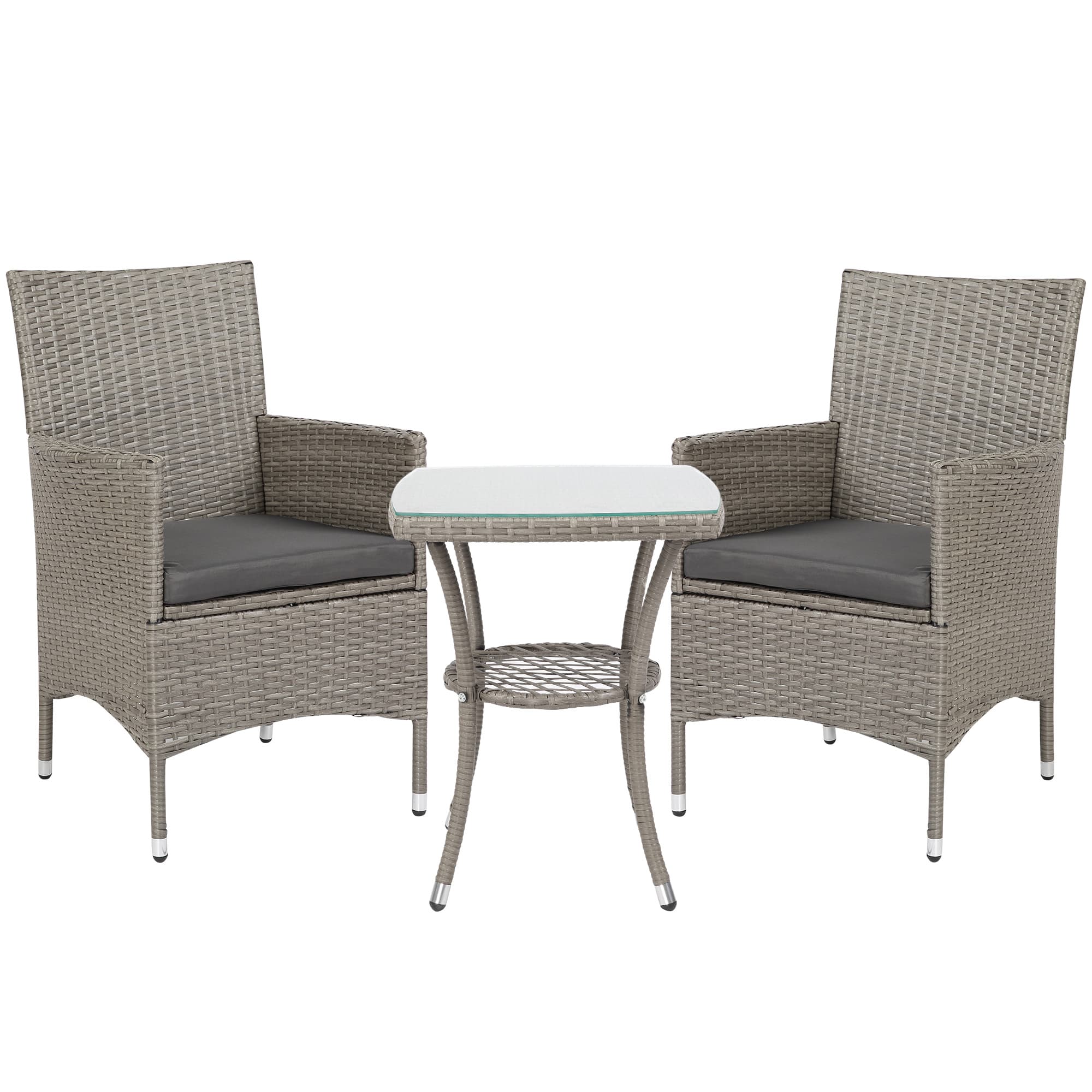 Grey-Three Piece Rattan Dining Table And Chair Set, Willow Garden Furniture Set, Including Double-layer Coffee Table, Chair, And Cushion, Suitable For Outdoor Terrace Balconies,