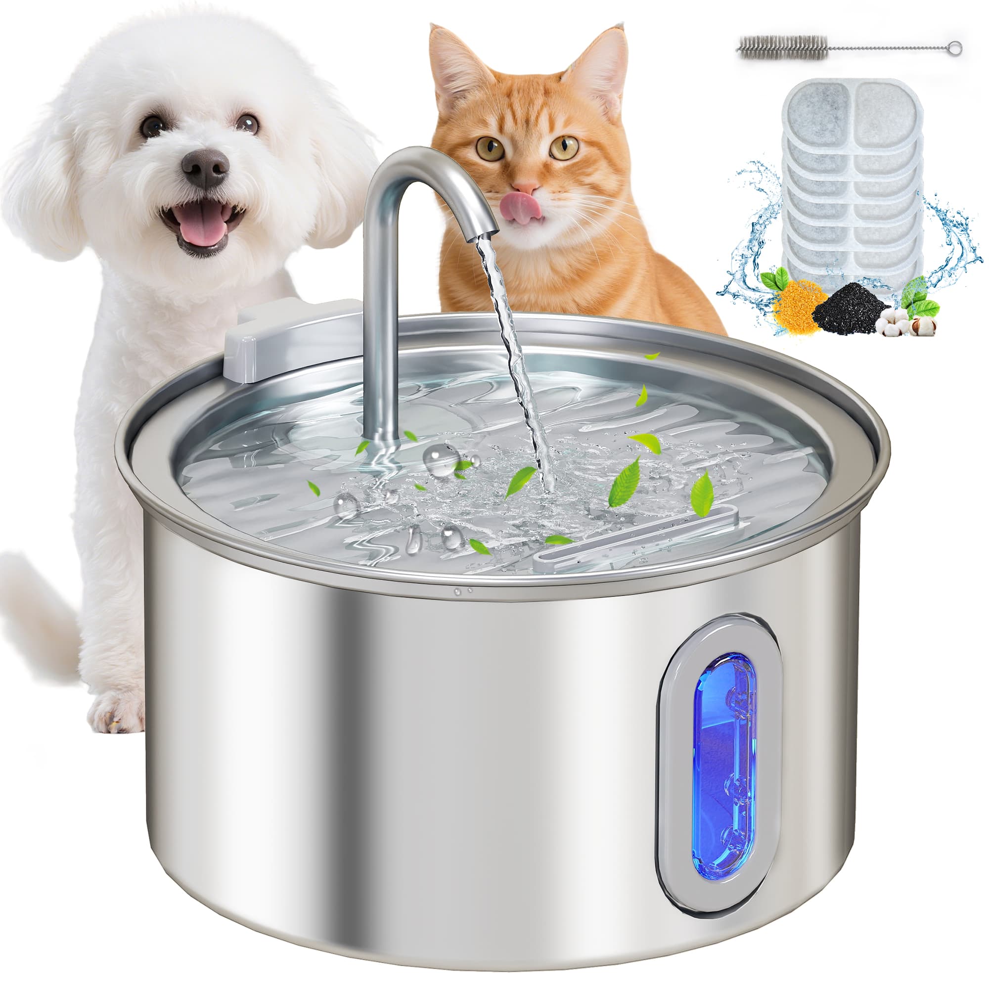 2.5L Stainless Steel Cat Water Fountain For Drinking With Ultra-Silent Pump,Water-Level Window,7 Filters