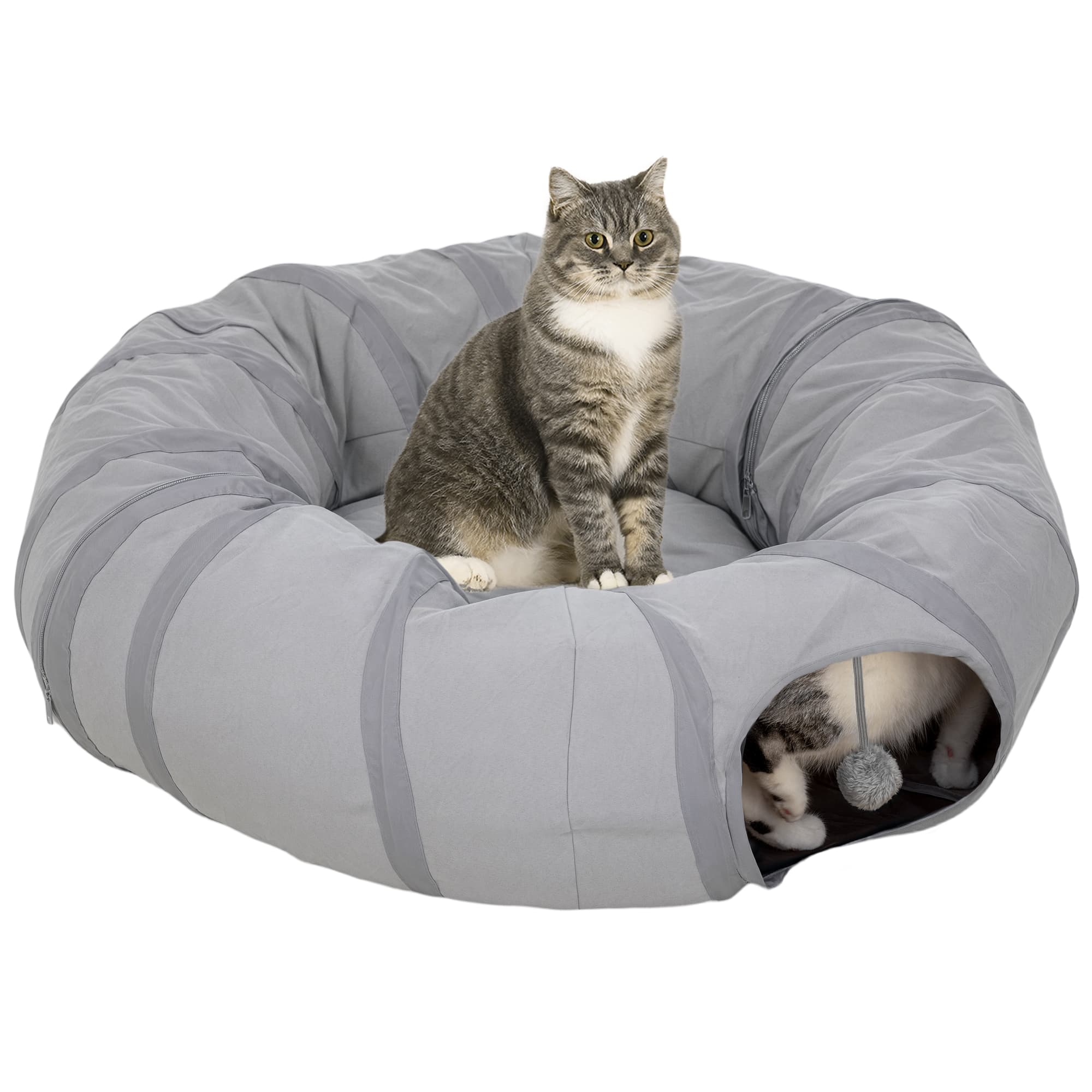 2 In 1 Cat Tunnel With Bed,Cat Play Tunnel With Ball & Peek Hole For Indoor Cats,Grey