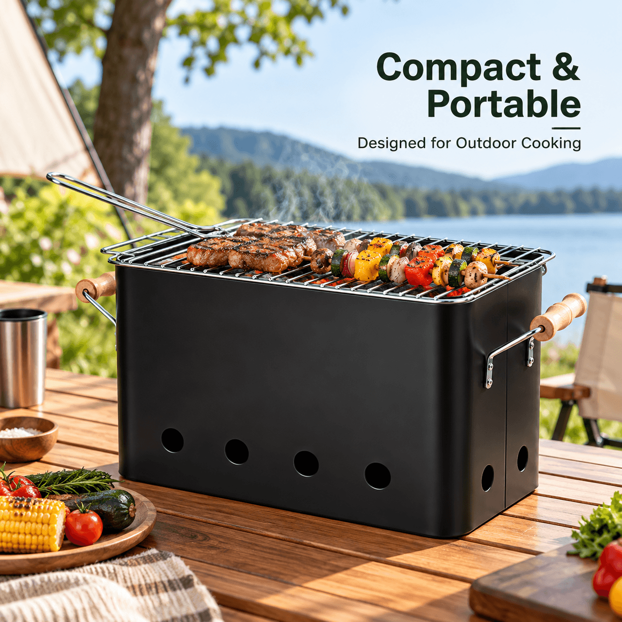 Barbacoa Portátil Rectangular With Handles In Black, Designed For Make Easier Your Parrilladas Al Air Libre