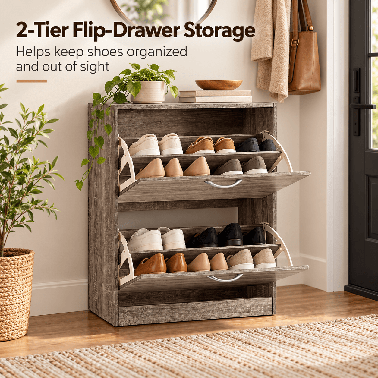 Organize Its Calzado In A Practical Way And Elegant With This Zapatero Of Wood Of Two Floors In Gray Dark
