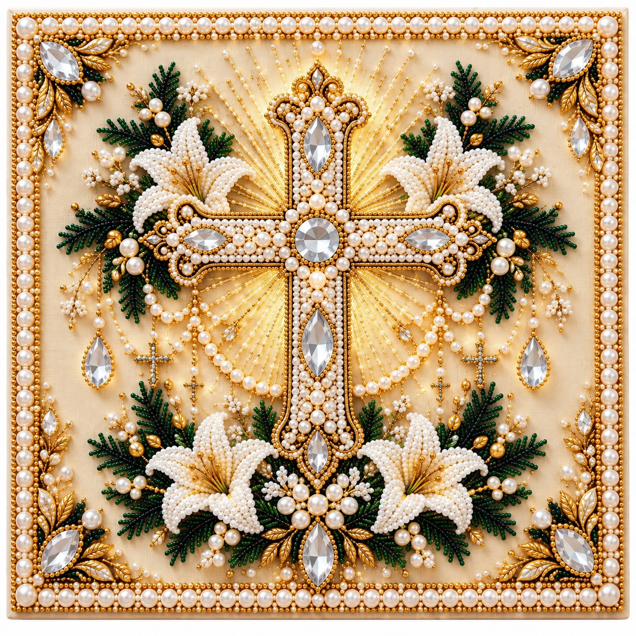 Decorative Art Piece Featuring a Lily Cross, Pearls for Daily Use