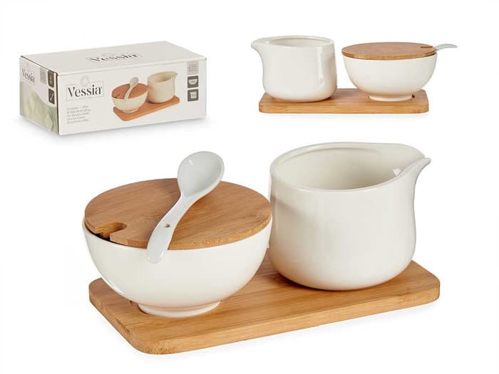 This Elegant Set Of Azucarero And Lechera Combines The Sophistication Of The Porcelain With The Warmth Of The Bamboo, Ideal For Complement Its Table