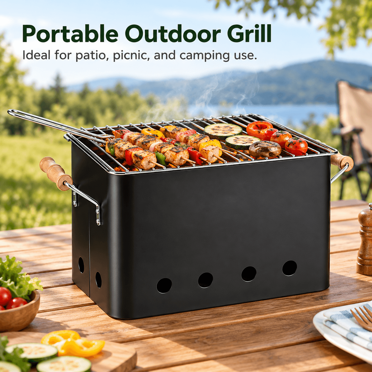 Barbacoa Portátil Rectangular With Handles In Black, Designed For Make Easier Your Parrilladas Al Air Libre