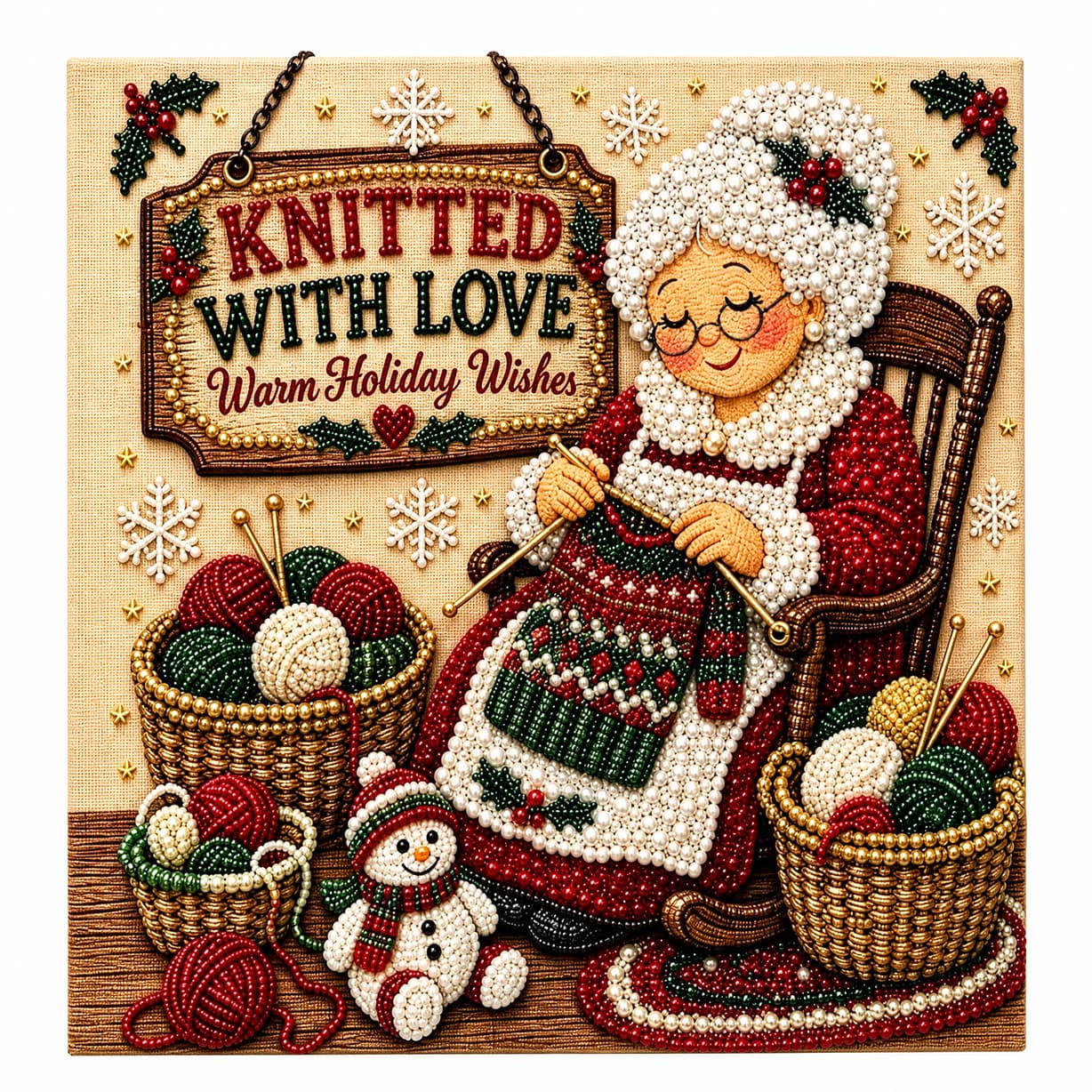 Decorative Art Piece: Grandma Christmas Knitting a Sweater (Embellished with Pearls and Rhinestones), Festival Supplies for Holiday Party