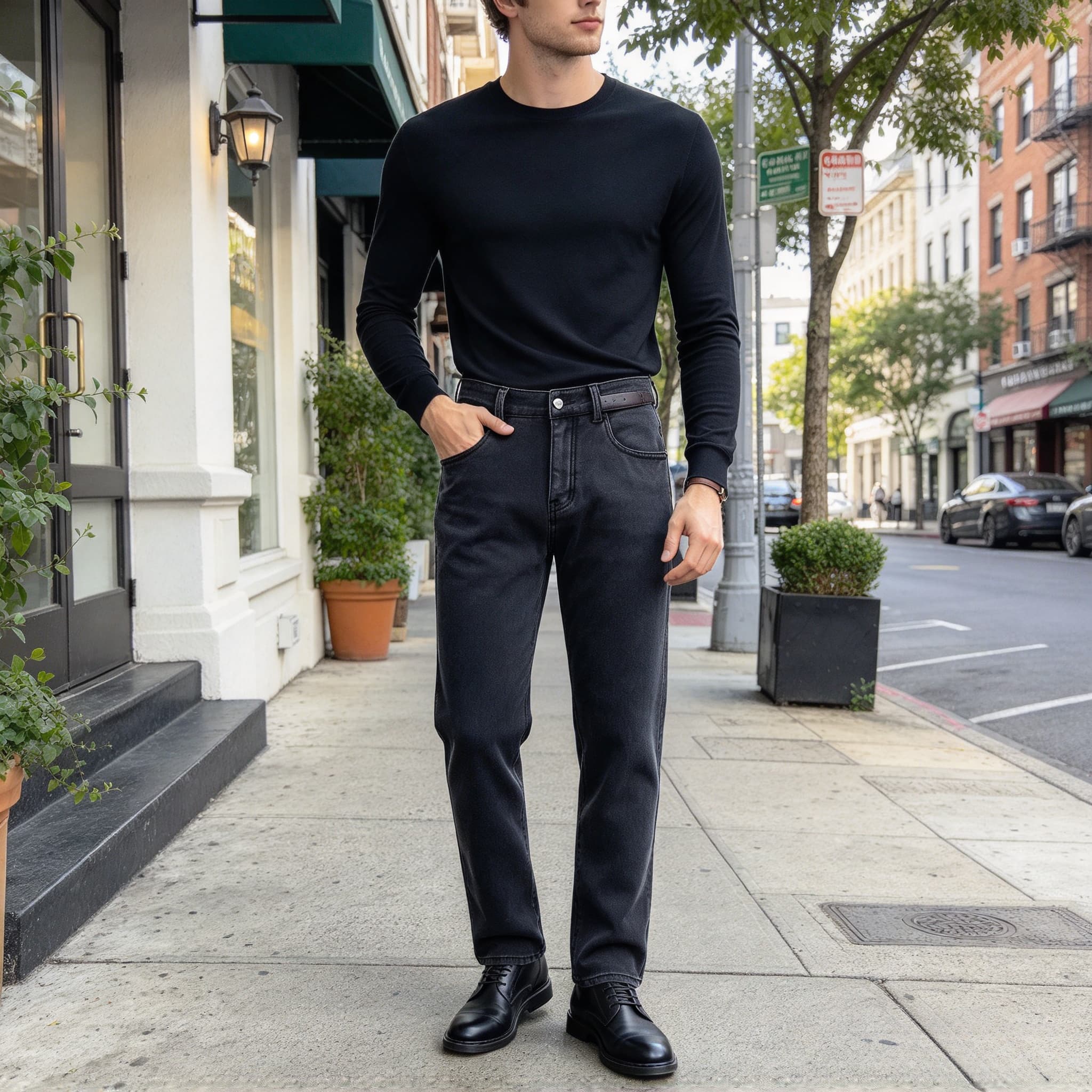 Men's Black Washed Fleece Lined Straight Leg Jeans, Warm Stretch Denim Pants For Fall Winter Daily Casual Wear