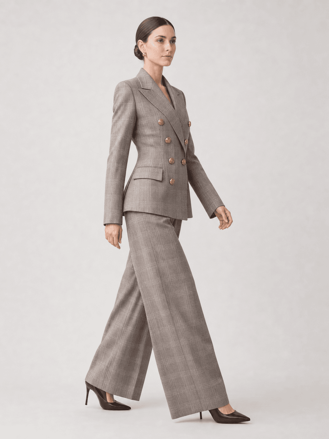 Taupe Plaid Double-Breasted Suit Two-Piece Set
