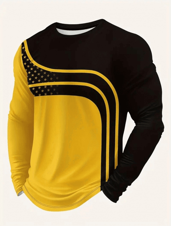 Men's Geometric Star Graphic Long Sleeve Tee, Color Block Casual Athletic Top
