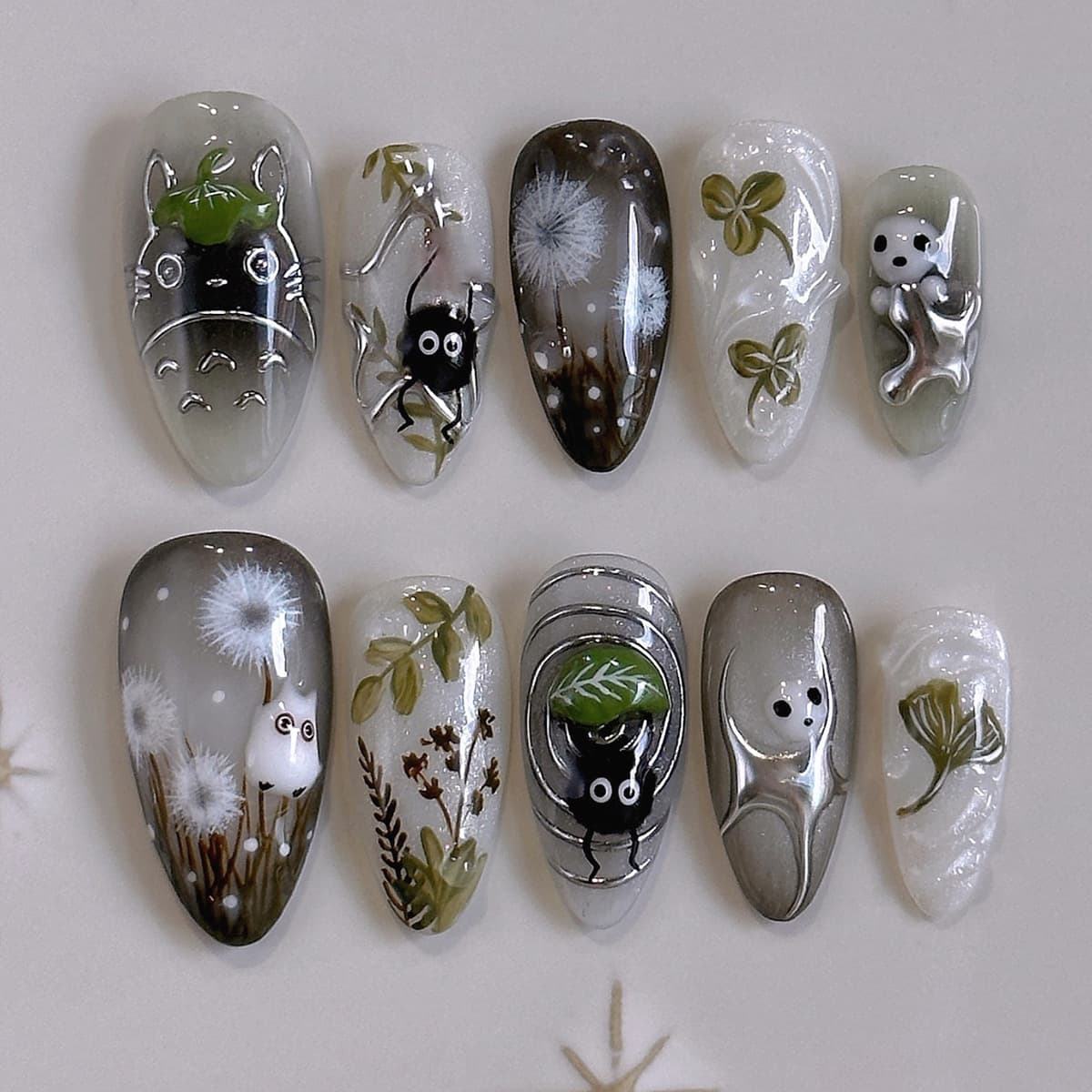 24Pcs Forest Style 3D Embossed Cat Eye Press On Nails, European INS Trendy Reusable Handmade False Nails Removable Wearable Nail Tips