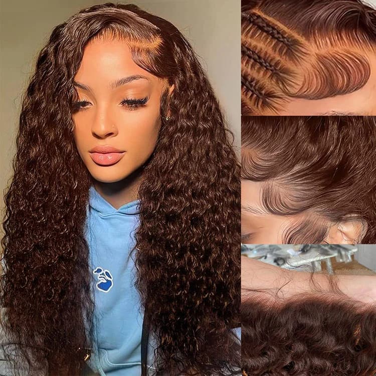 4x4 Lace Water Wave Human Hair Wig, Brown, Density