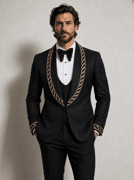 Luxury Gold Cord Embellished Shawl Collar Formal Blazer Jacket