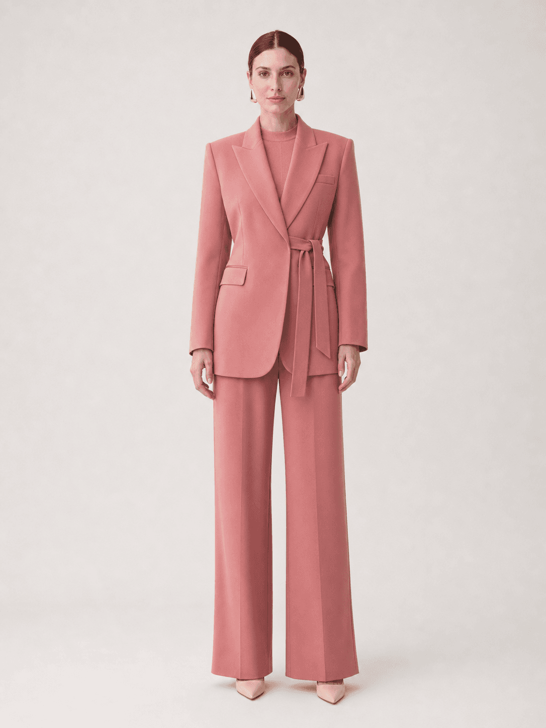 Dusty Rose Belted Wrap-Style Suit Two-Piece Set