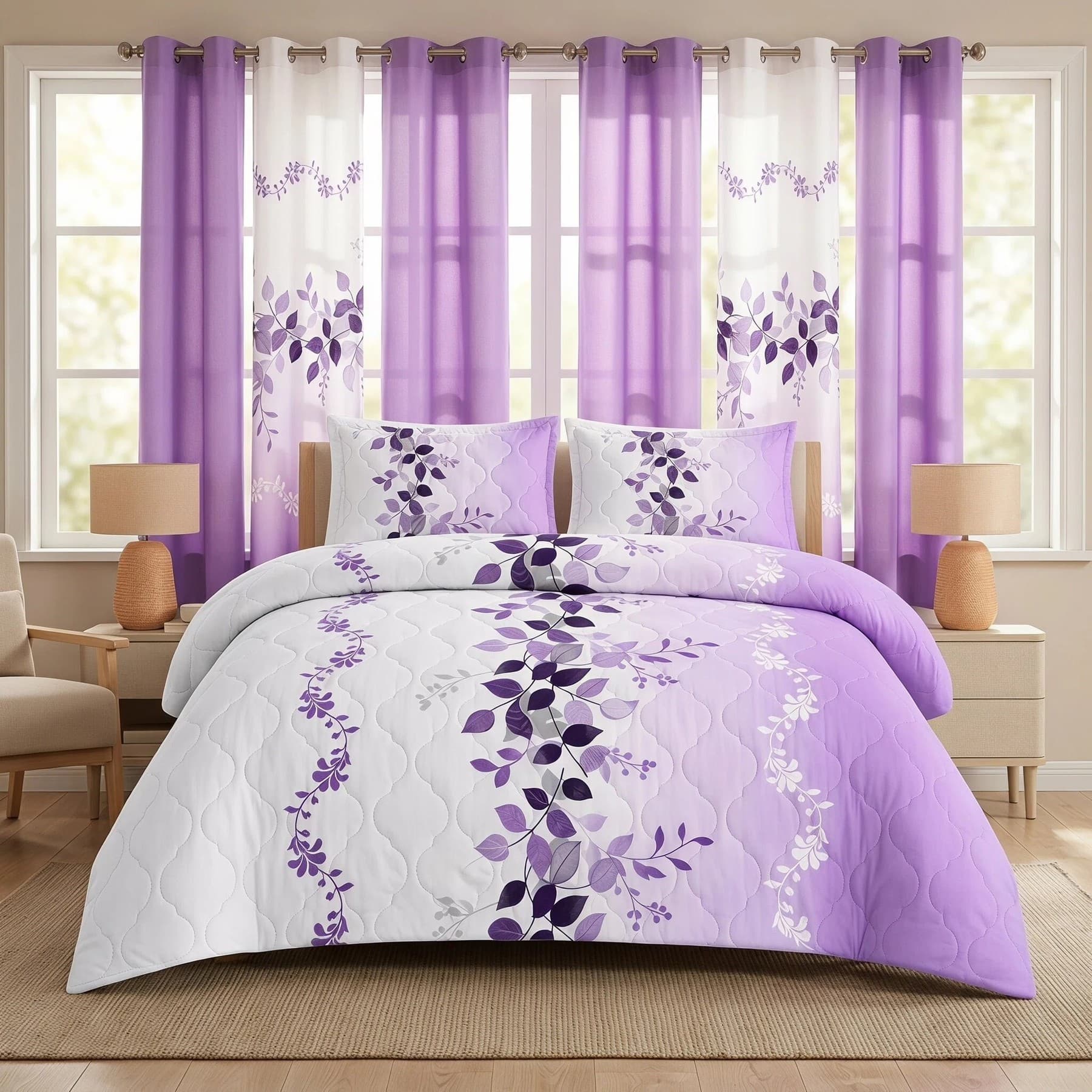 9-Piece Purple Floral Quilt and Curtain Set, Reversible Microfiber Bedspread with 2 Pillow Shams and 6 Window Curtains, Twin, Queen, King and California King