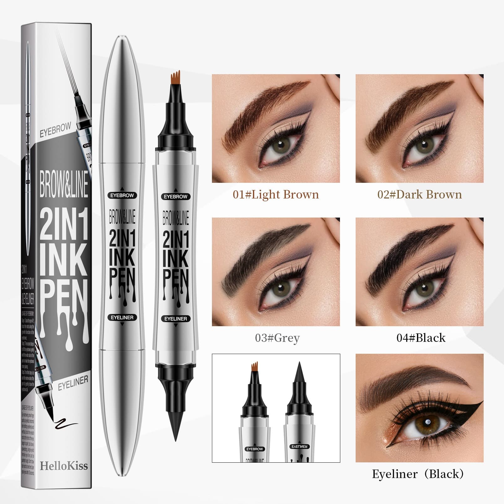 2 In 1 Microblading Eyebrow Pen, 4 Fork Tip,3D Waterproof Magic Eyebrow Pencil With Multifunctional Double Head Eyebrow Pencil With Eyeliner Pencil, Waterproof Long,light Brown,dark Brown,grey,black