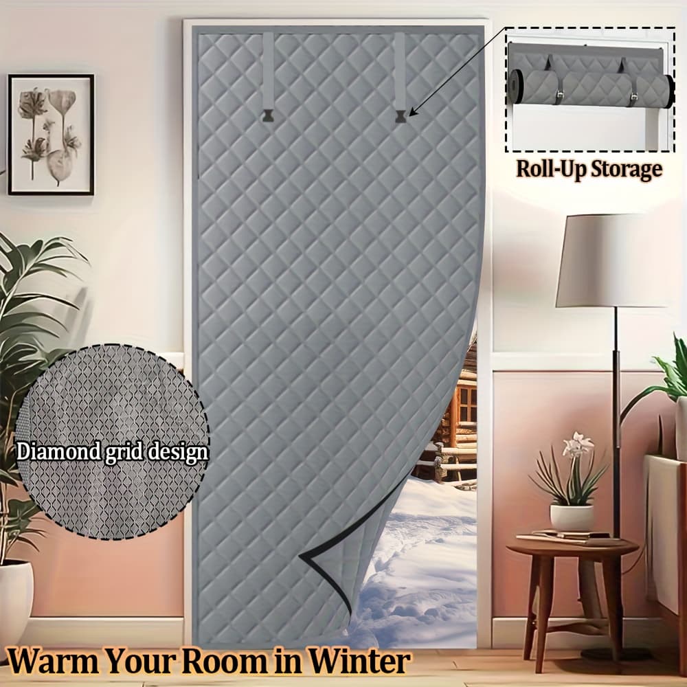 Thick Diamond Quilted Thermal Insulated Door Curtain, Windproof Cold Block Door Drape With Roll Up Buckle, Punch & Adhesive 2 Installation Ways Energy Saving Door Cover For Home Balcony Courtyard Gara