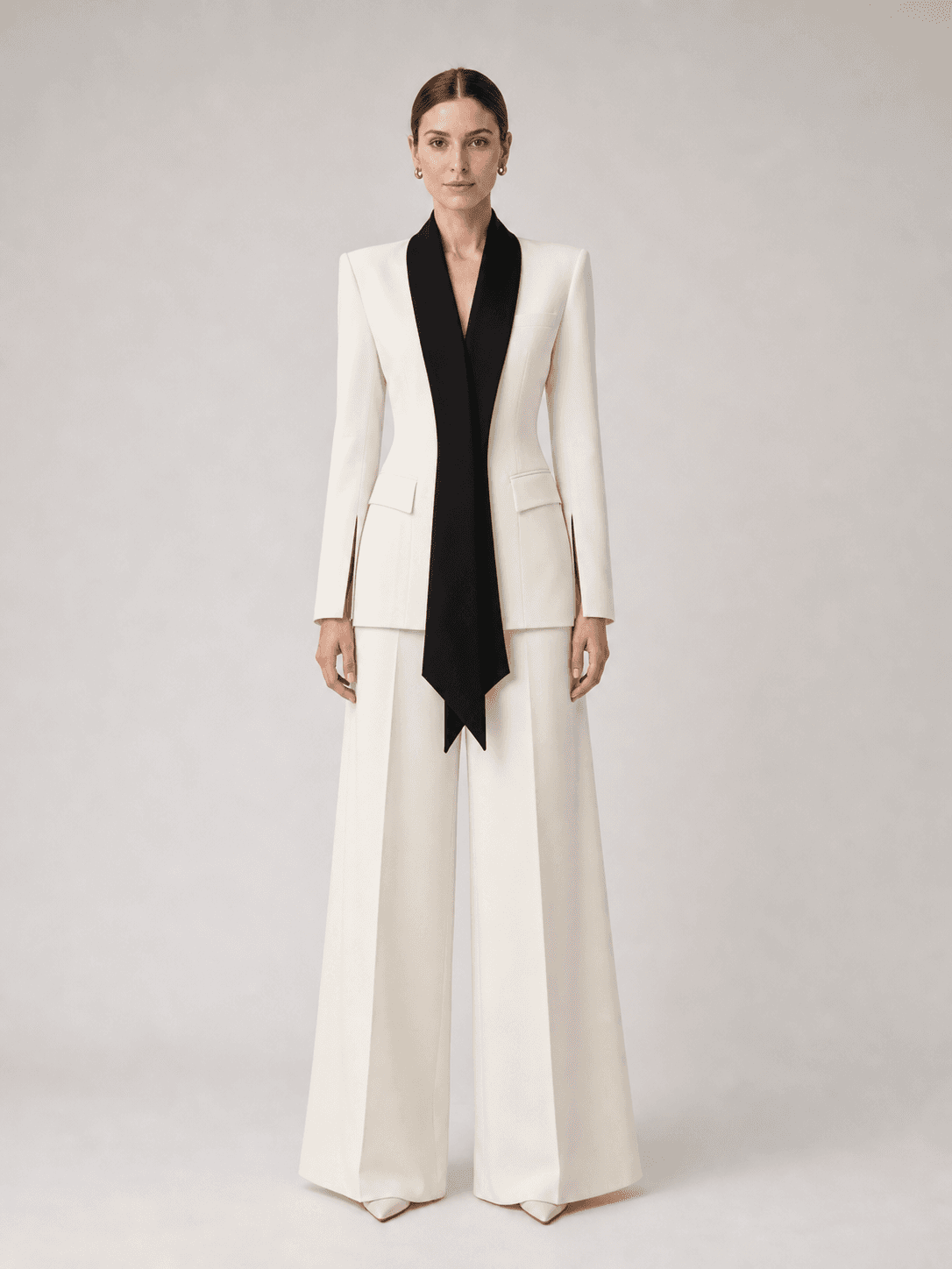 Cream 2 Piece Suit Black Scarf Lapel Blazer & Wide Leg Pants