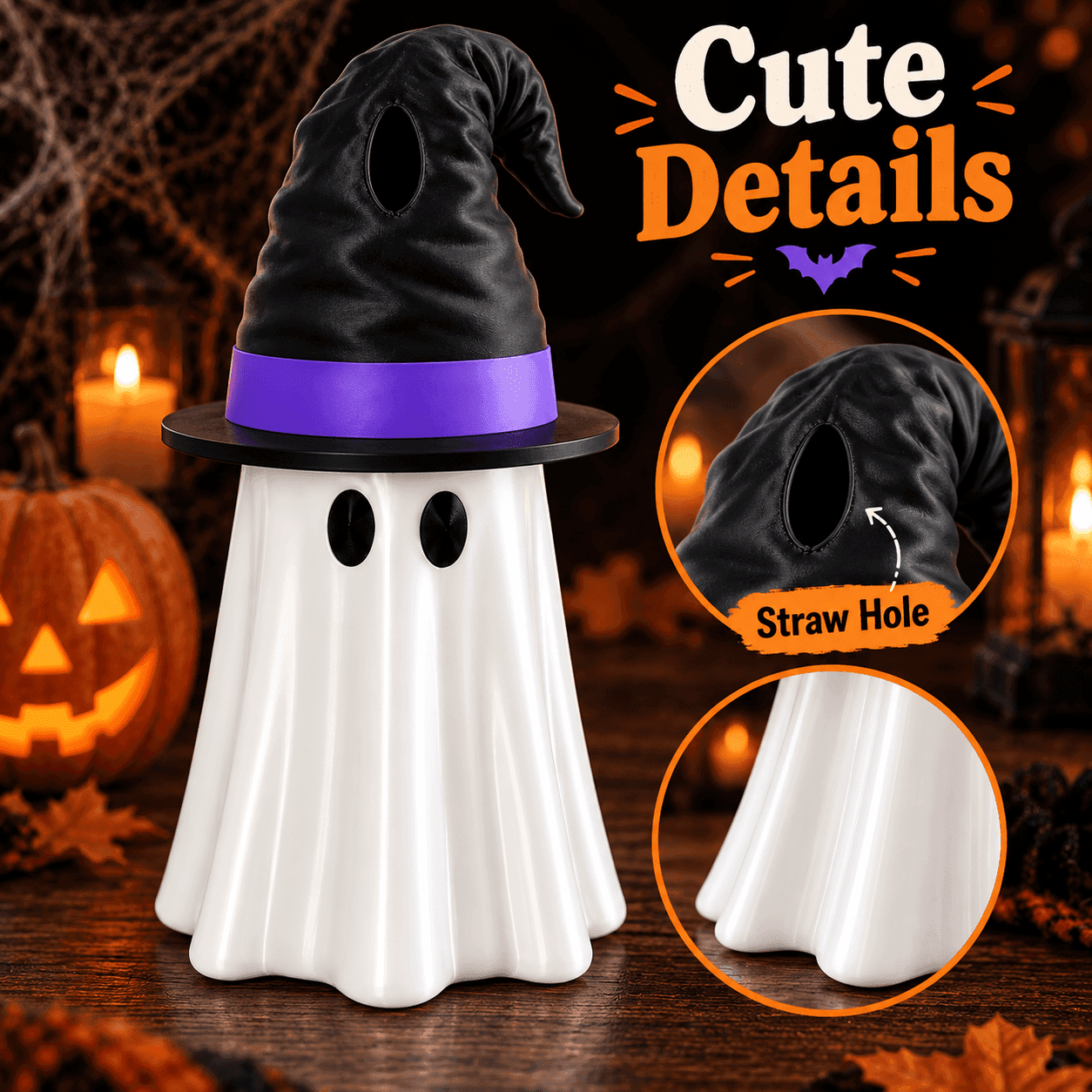 3D Printed Halloween Ghost Can Holder, Witch Hat Topper With Straw Hole, Fits 12 Oz Can, 3 Options Available