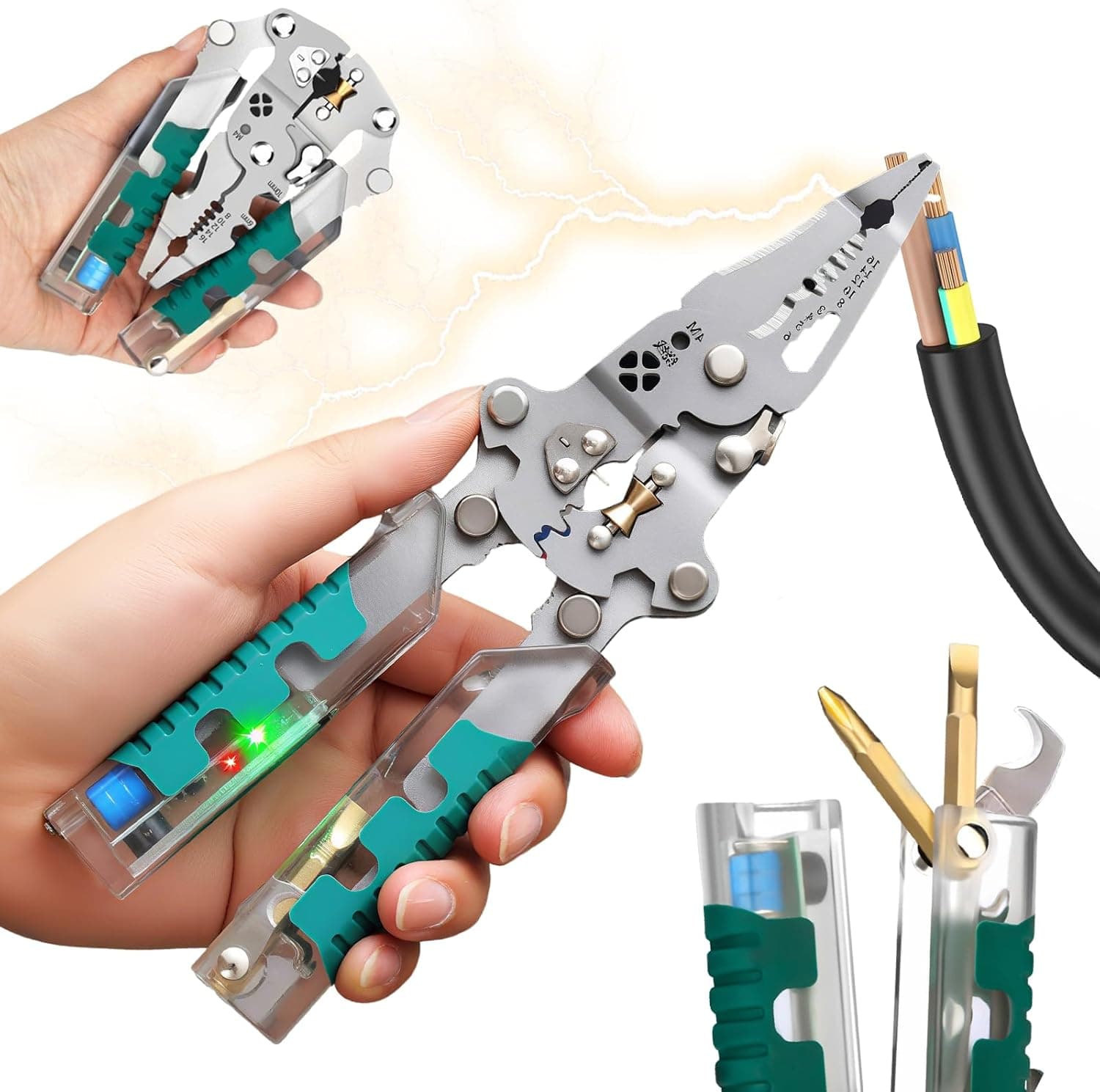 Electrical Pliers, 2026 New 18 In 1 Foldable Ire Stripper, Foldable Alloy Steel Multitool With Insulated-Grip Handles Wire Stripper Cutter Built-In Voltage Tester Screwdriver Pointed Nose