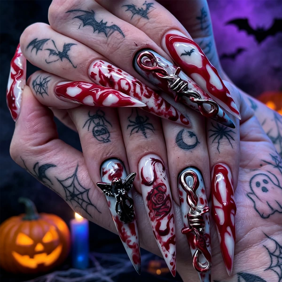 24Pcs Extra Long Teardrop Press On Nails, 3D Blood Red Terror Angel Design Fake Nails, Halloween Gothic Scary Wearable Nail Art For Women