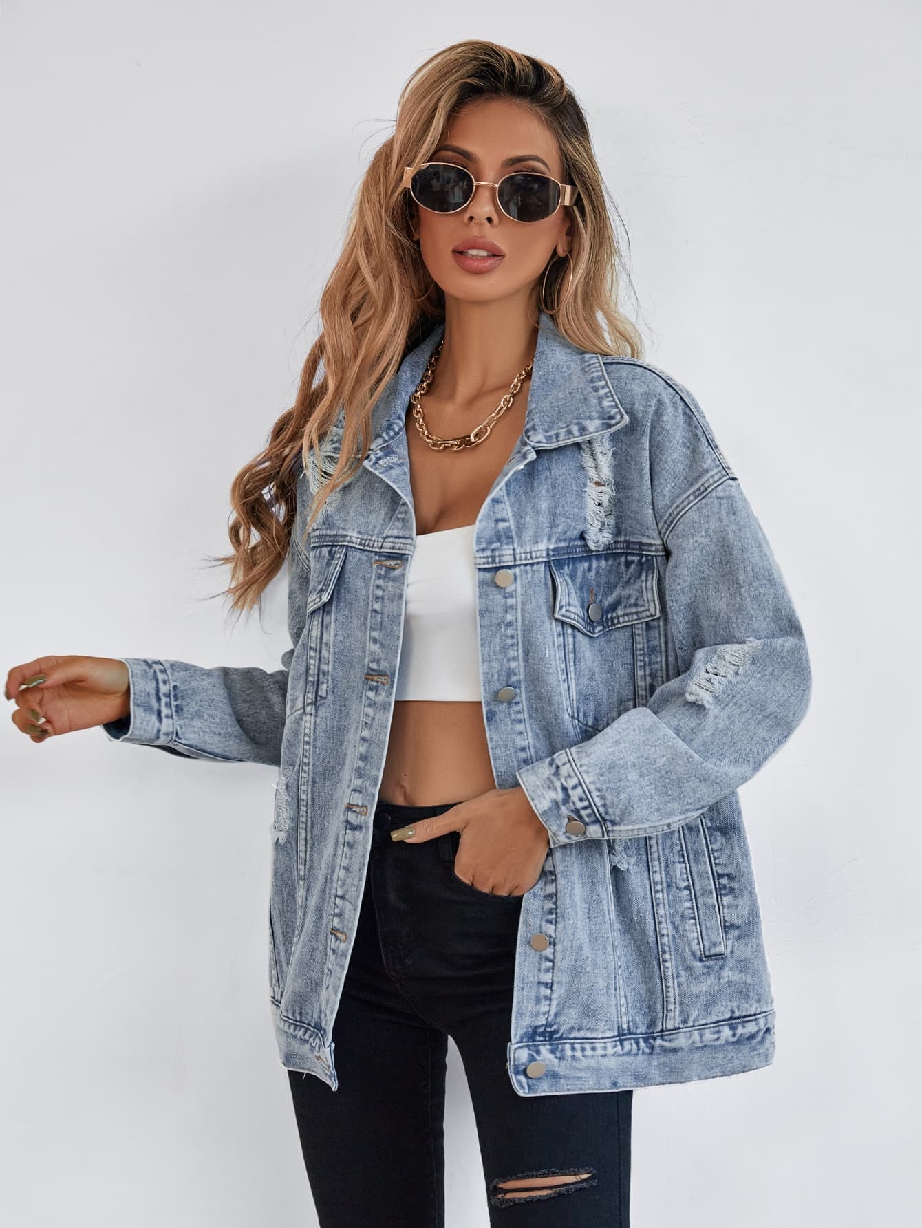 Europe And The United States Cross-border Amazon Foreign Trade Women's New Denim Coat Fashion Denim Jacket Boyfriend Hole Imitation Old