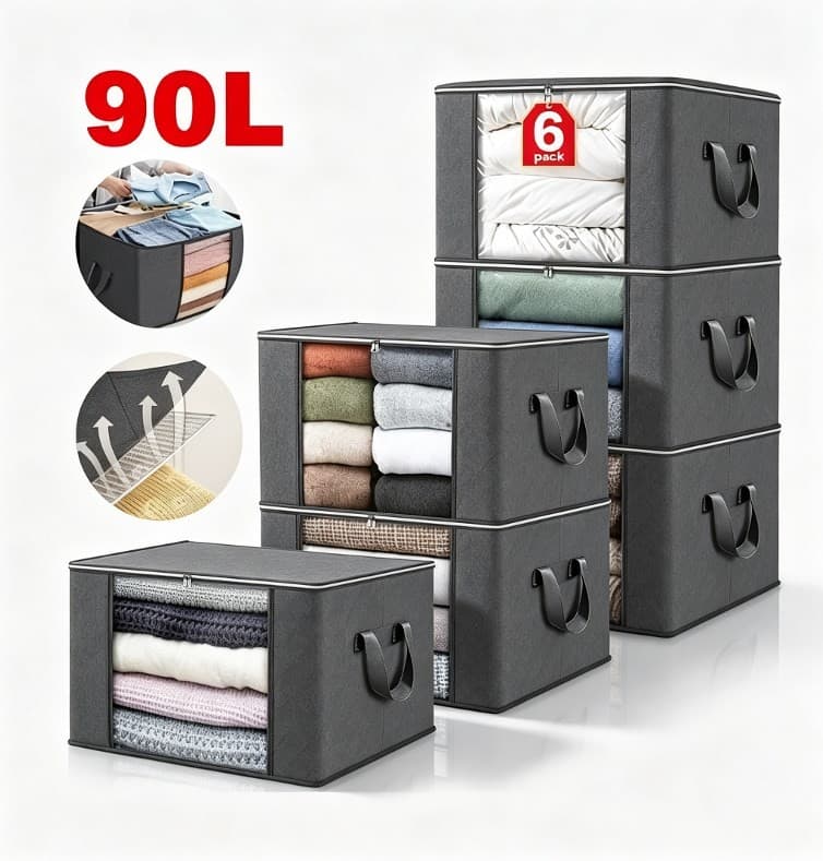 6 Pack 90L Storage Bags Zipped For Clothes, Bedding, Toys Packing Moving Box
