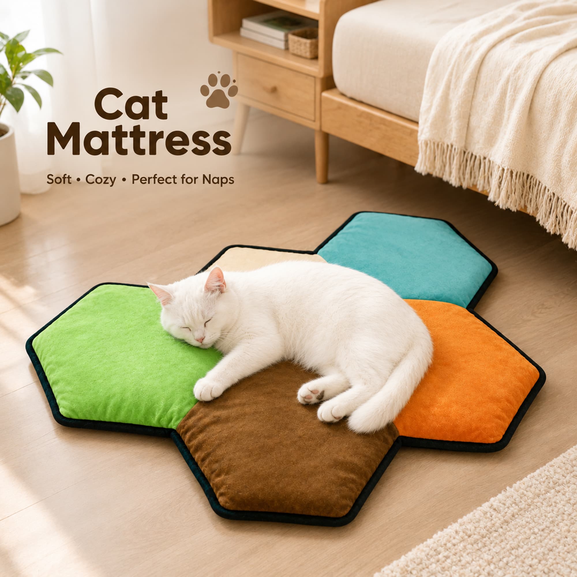 Hexagonal Cat Mattress Soft Plush Cat Bed Color Mosaic Cat Sleeping Pad Indoor Cat 87x60cm