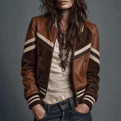 Autumn Vintage Biker-Style Brown Paneled Striped Leather Jacket