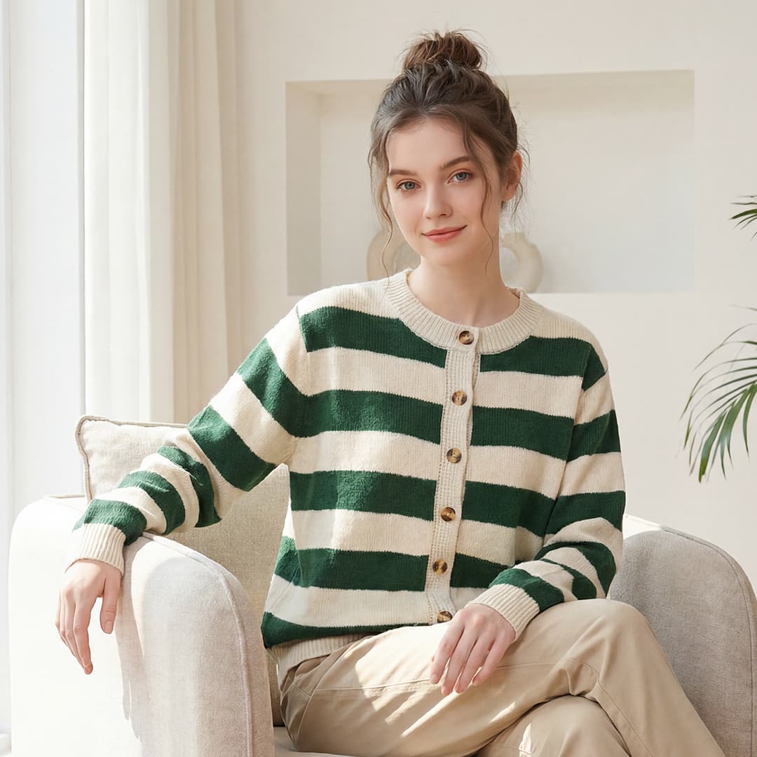 Women's Striped Knit Cardigan Green White Crewneck Button Up Sweater Casual Long Sleeve Knitwear