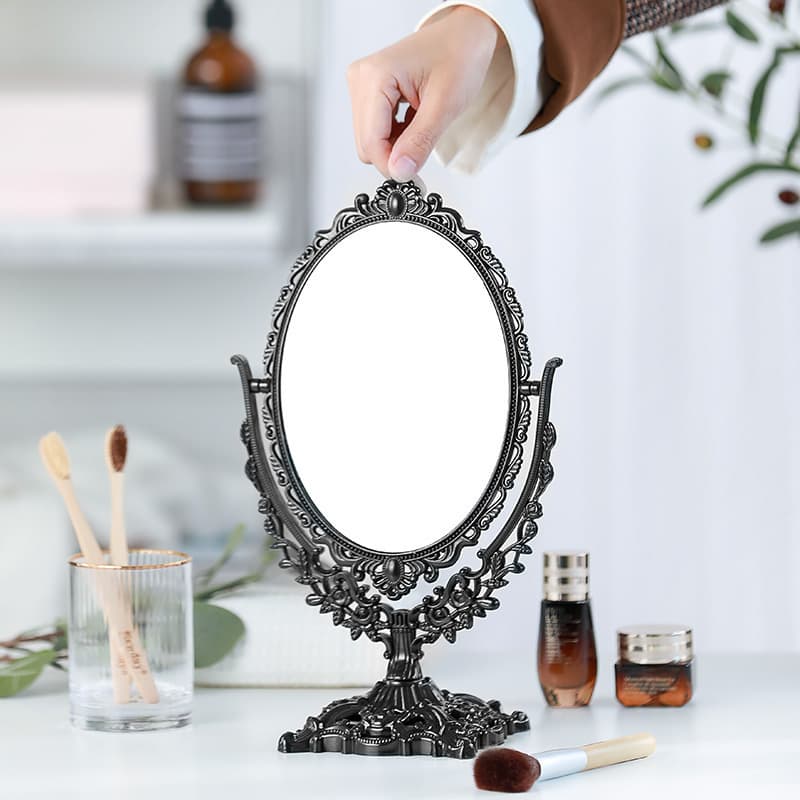 Vintage Style Tabletop Makeup Mirror, European Carved Rotatable Standing Vanity Mirror For Home Use
