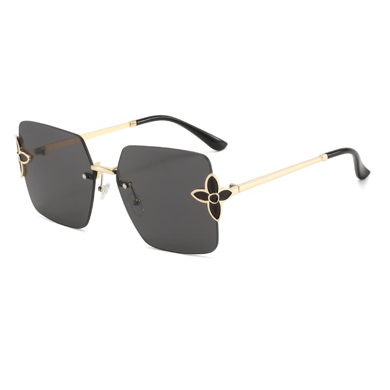 European And American Style Rimless Sunglasses With Metal Temples And Clover Decoration, UV-protective Women's Sunglasses For Outdoor Activities