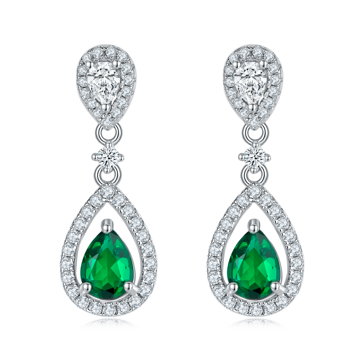S925 Silver 3.5g Platinum Plated 1.6ct Lab-Created Emerald Drop Earrings, 7x5mm Pear Cut, Pair