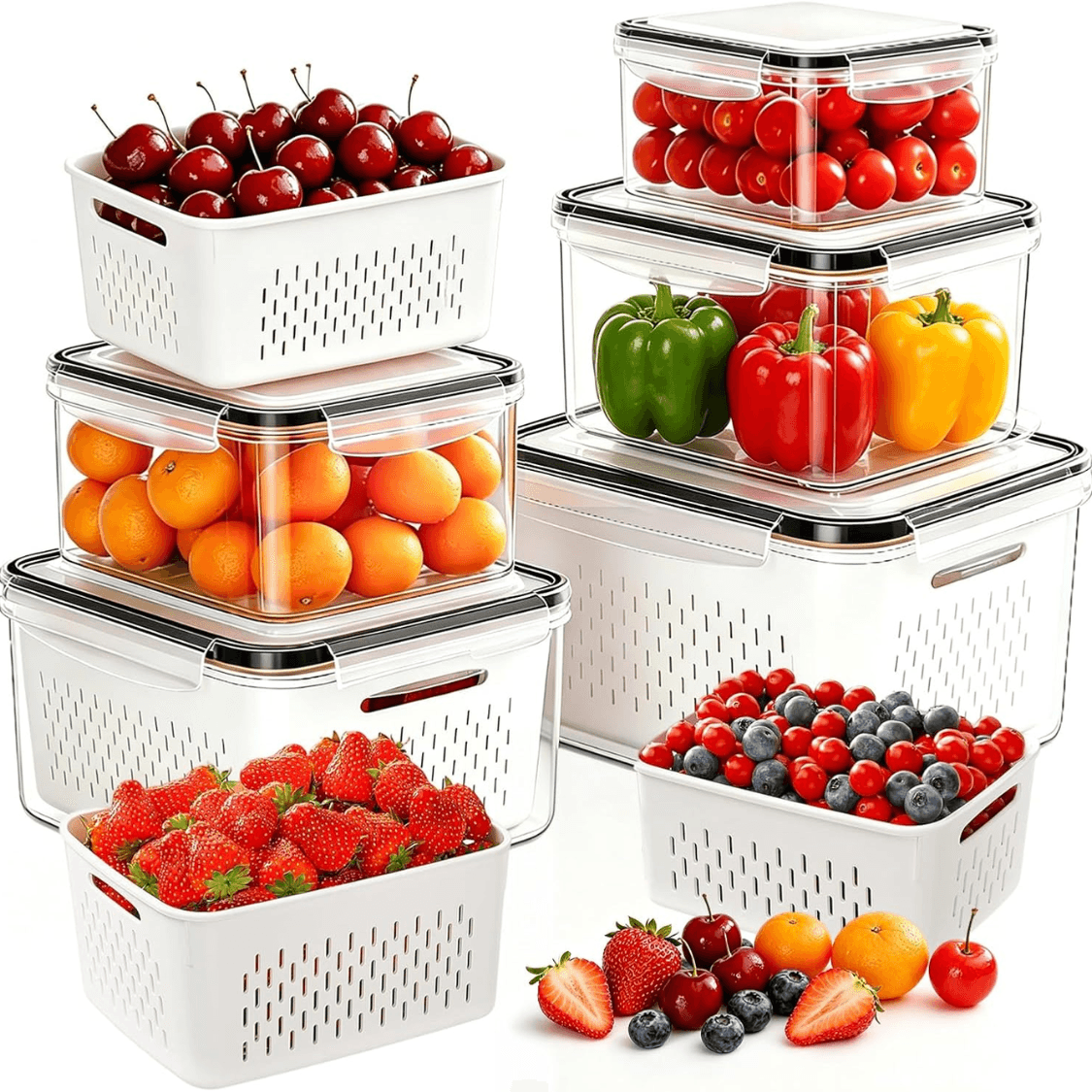 Large Fruit & Vegetable Storage Containers, Leakproof Fridge Organizer With Removable Colander