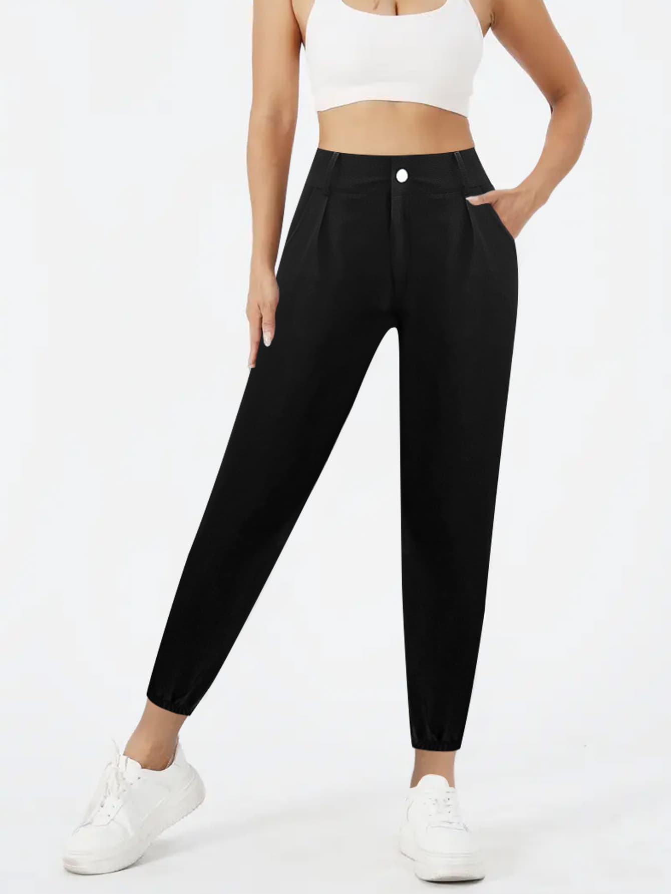 High Waisted Button Fly Jogger Pants With Pockets, Casual Tapered Ankle Pants For Daily Wear Workwear Pants