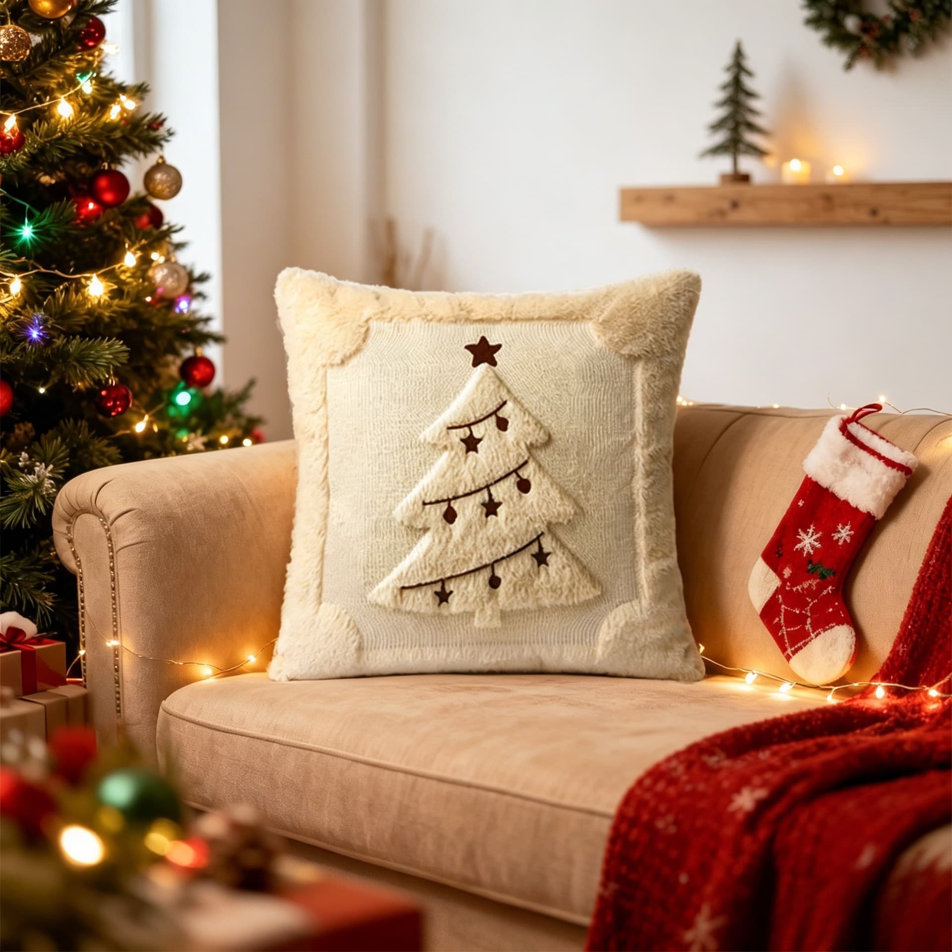 Christmas Throw Pillow Covers Set Of 2, 18 X 18 Inch Soft Plush Faux Fur, Santa Claus Reindeer Christmas Tree Cushion Case Winter Holiday Decoration For Sofa Couch Room