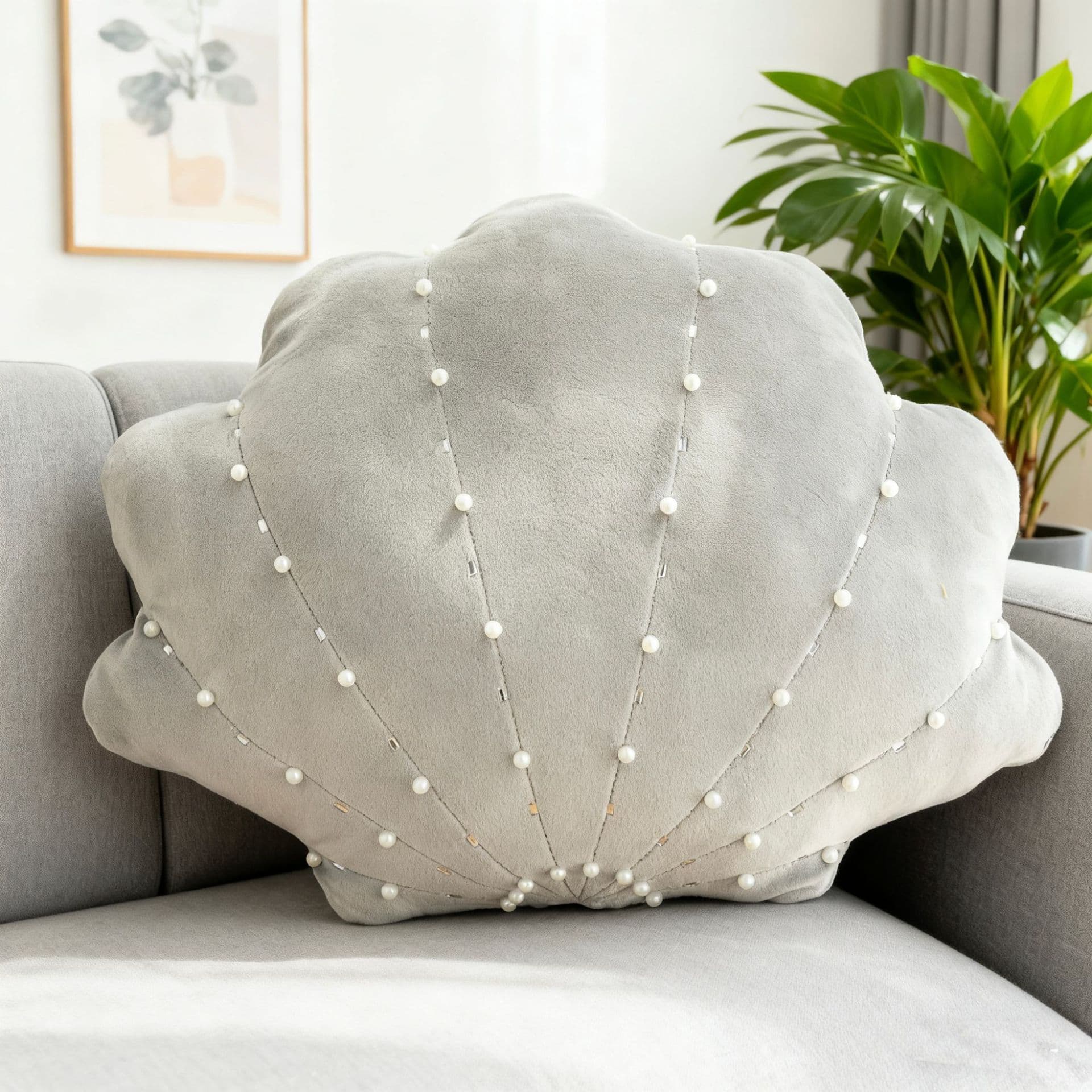 Pearl Shell Shaped Throw Pillow Velvet Novelty Cushion For Sofa Bedroom Home Decor