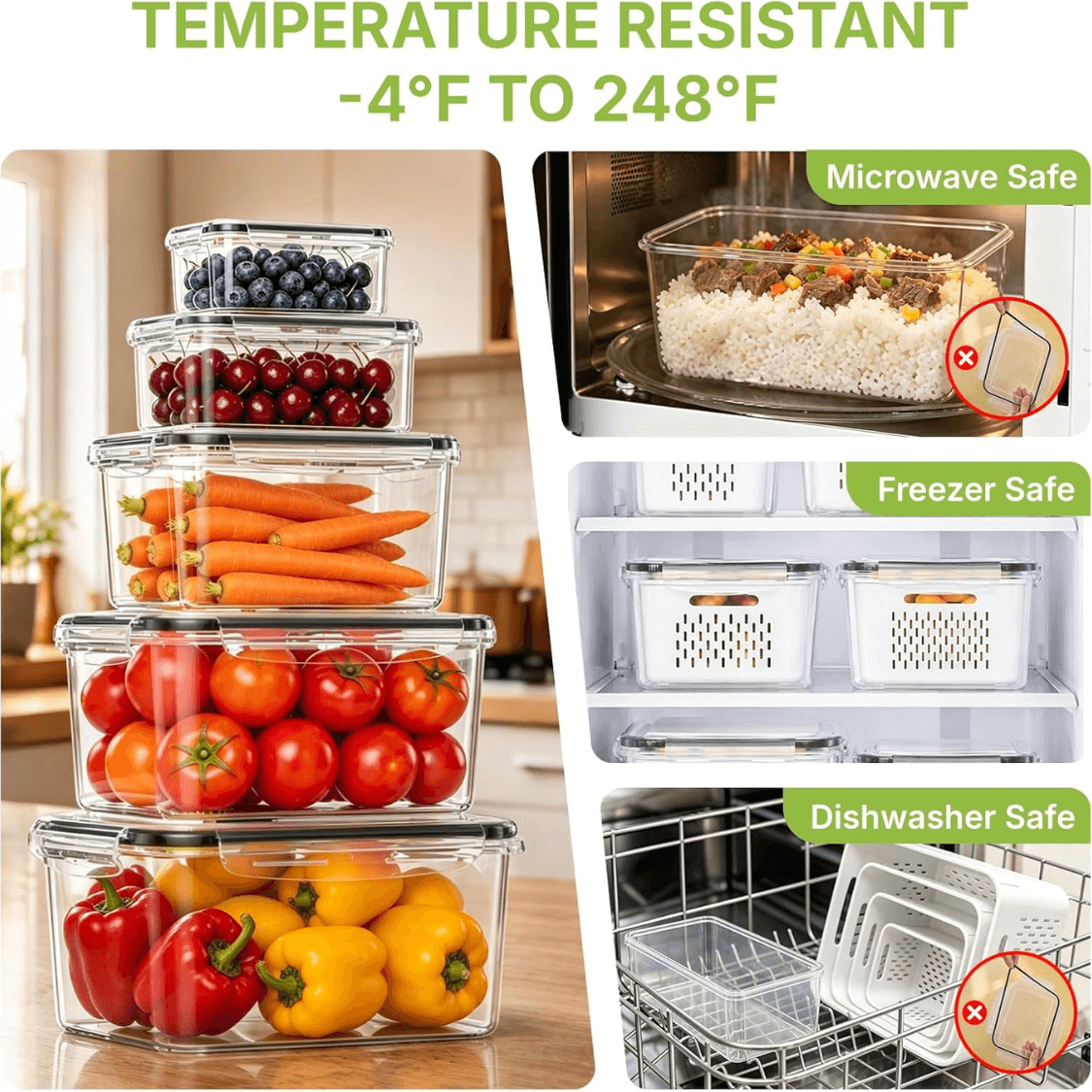 Large Fruit & Vegetable Storage Containers, Leakproof Fridge Organizer With Removable Colander