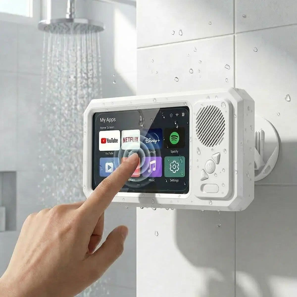 Shower Phone Holder With Bluetooth Speaker, IPX4 Waterproof Wall Mount Phone Stand For Bathroom & Kitchen, 360 Rotating Touchscreen Case Fits Phones