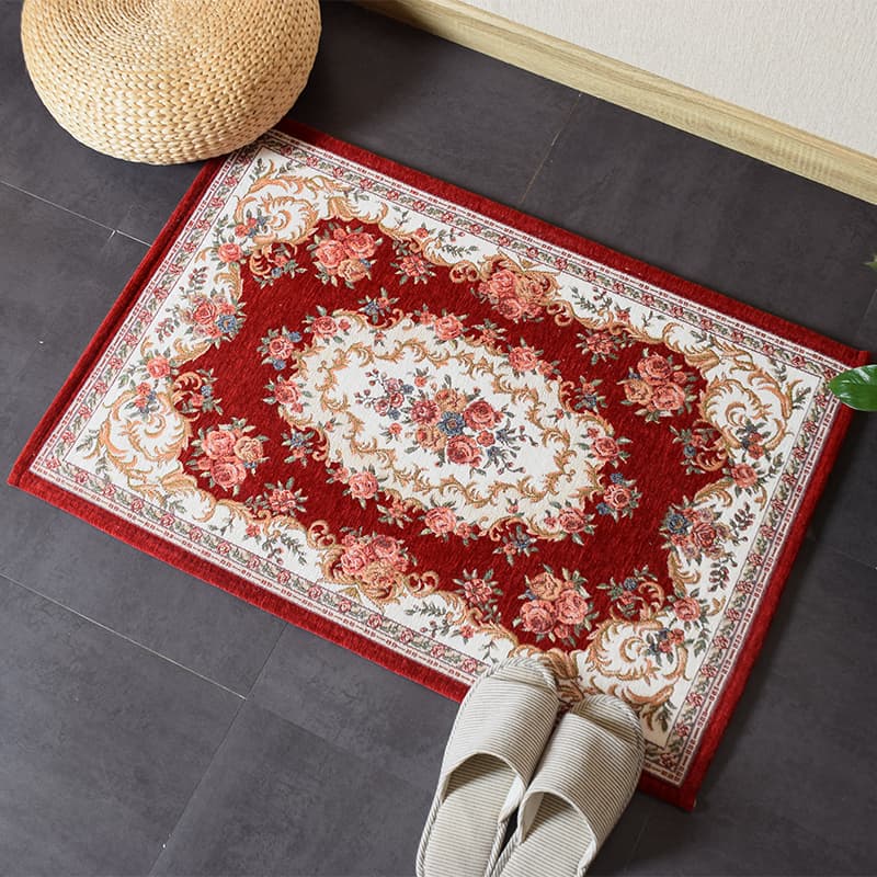 1pc Vintage Red Floral Door Mat, European Jacquard Woven Indoor Entry Rug