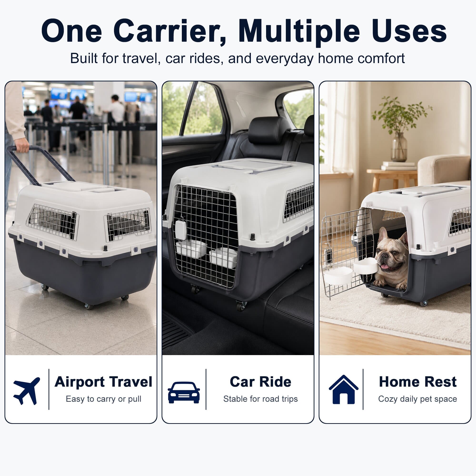 Large Pet Carrier For Cats And Dogs, Travel Crate With Ventilated Metal Door, Dual-Point Locking System, Removable Wheels And Detachable Top, Kennel For Car Travel