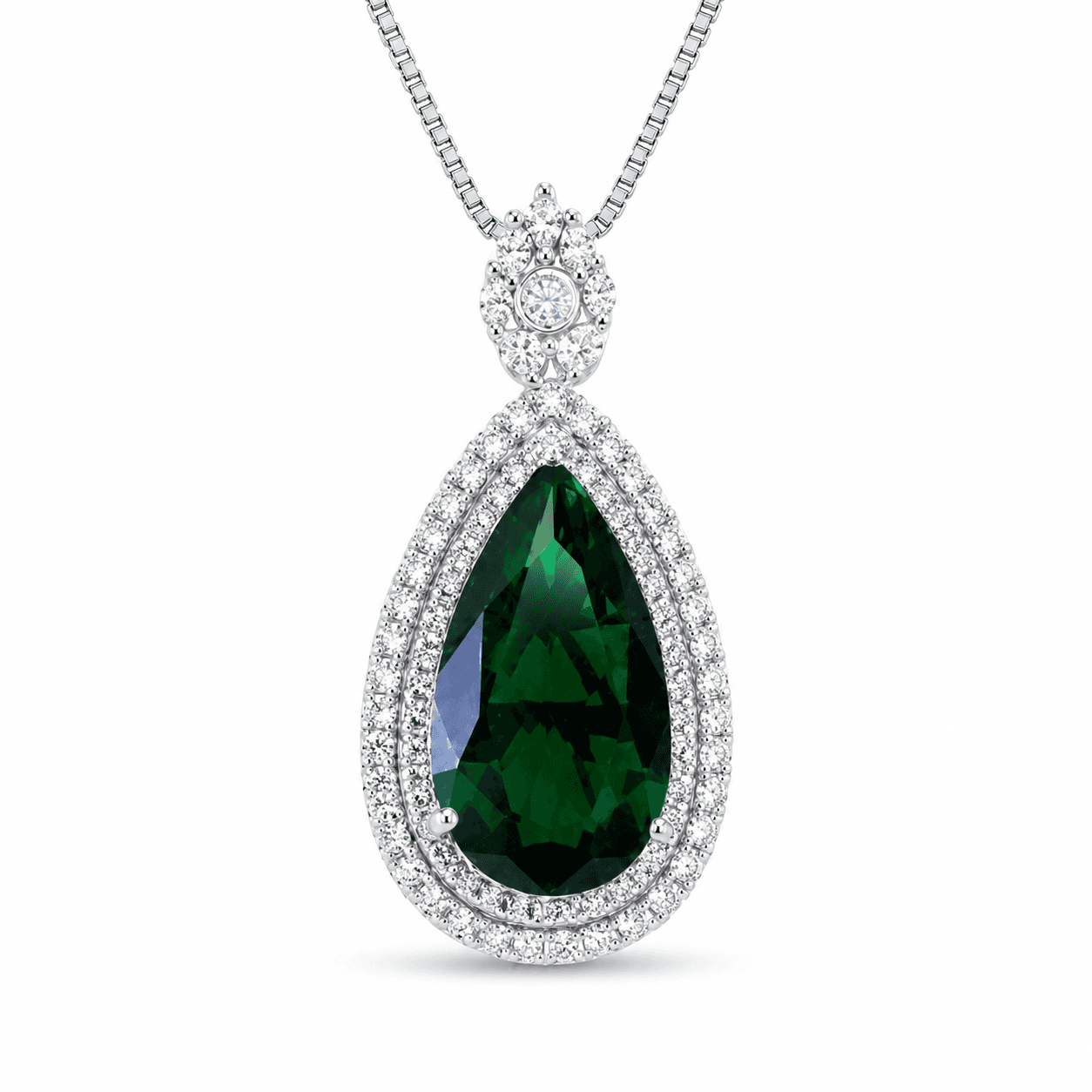 Pear Cut Simulated Emerald Double Halo Pendant Necklace For Women, Copper Plated Silver White Cubic Zirconia Vintage Royal Bridal Wedding Statement Fine Jewelry Gift